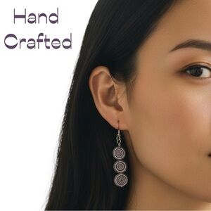 HandCrafted Purple White Glass Beaded Silver Earrings NWT